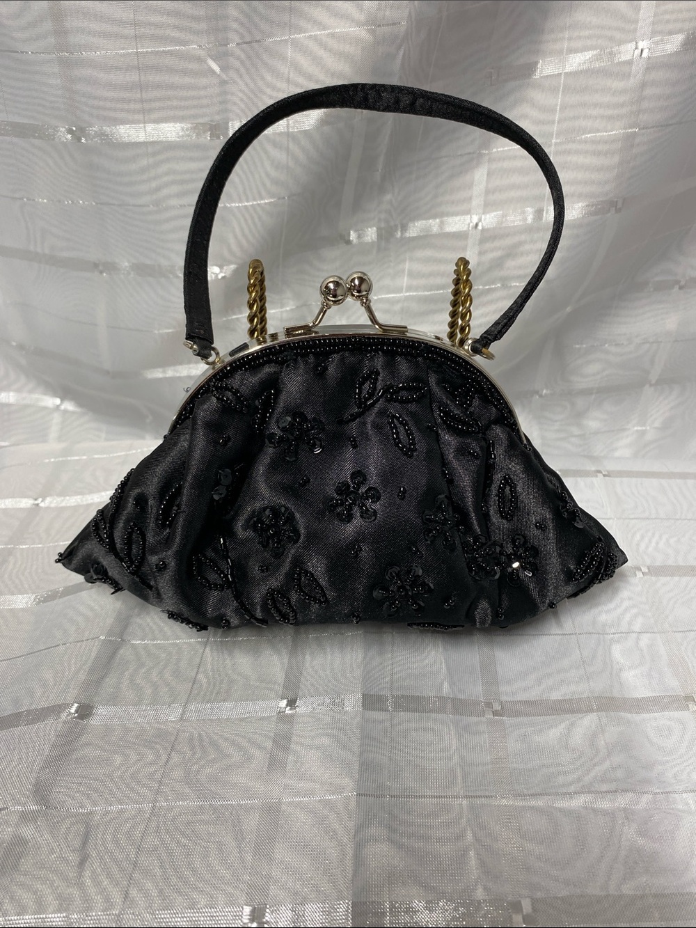 Vintage Inspired Classic Black Beaded Formal Evening Clutch
